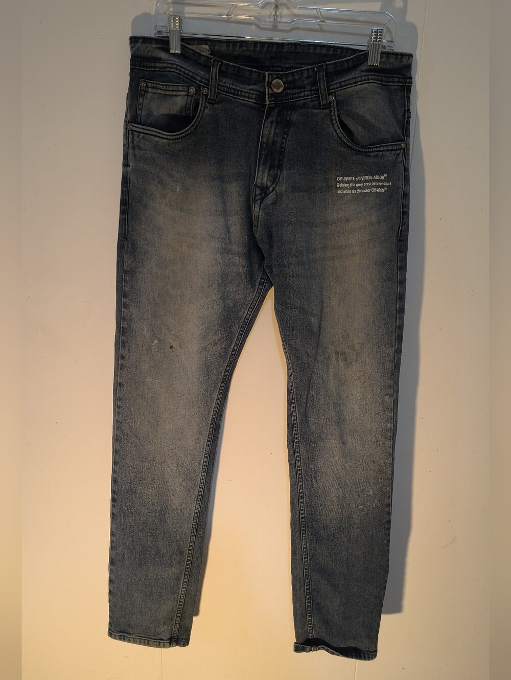 Off-White Men's Distressed Slim Straight Jeans in Faded Blue